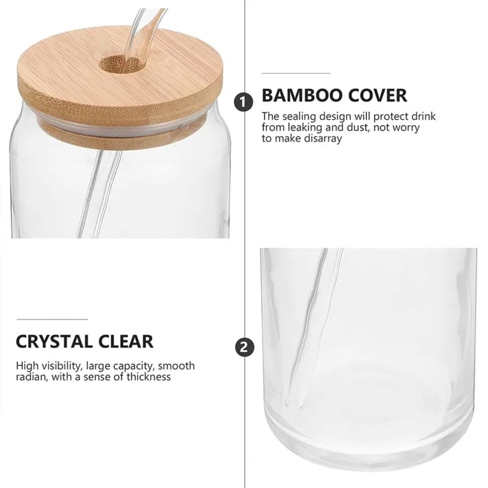 Round Glass Cup with Glass Straw & Wooden Lid
