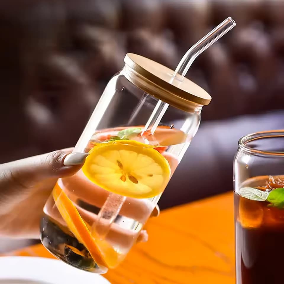 Round Glass Cup with Glass Straw & Wooden Lid