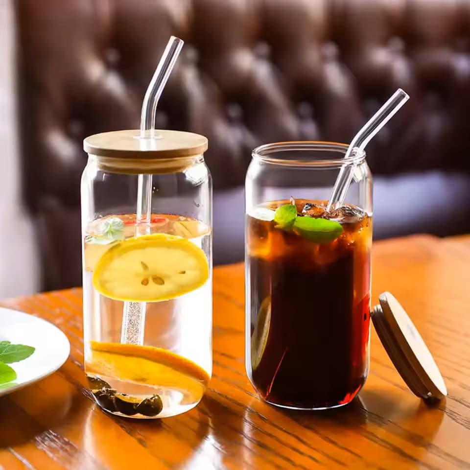 Round Glass Cup with Glass Straw & Wooden Lid