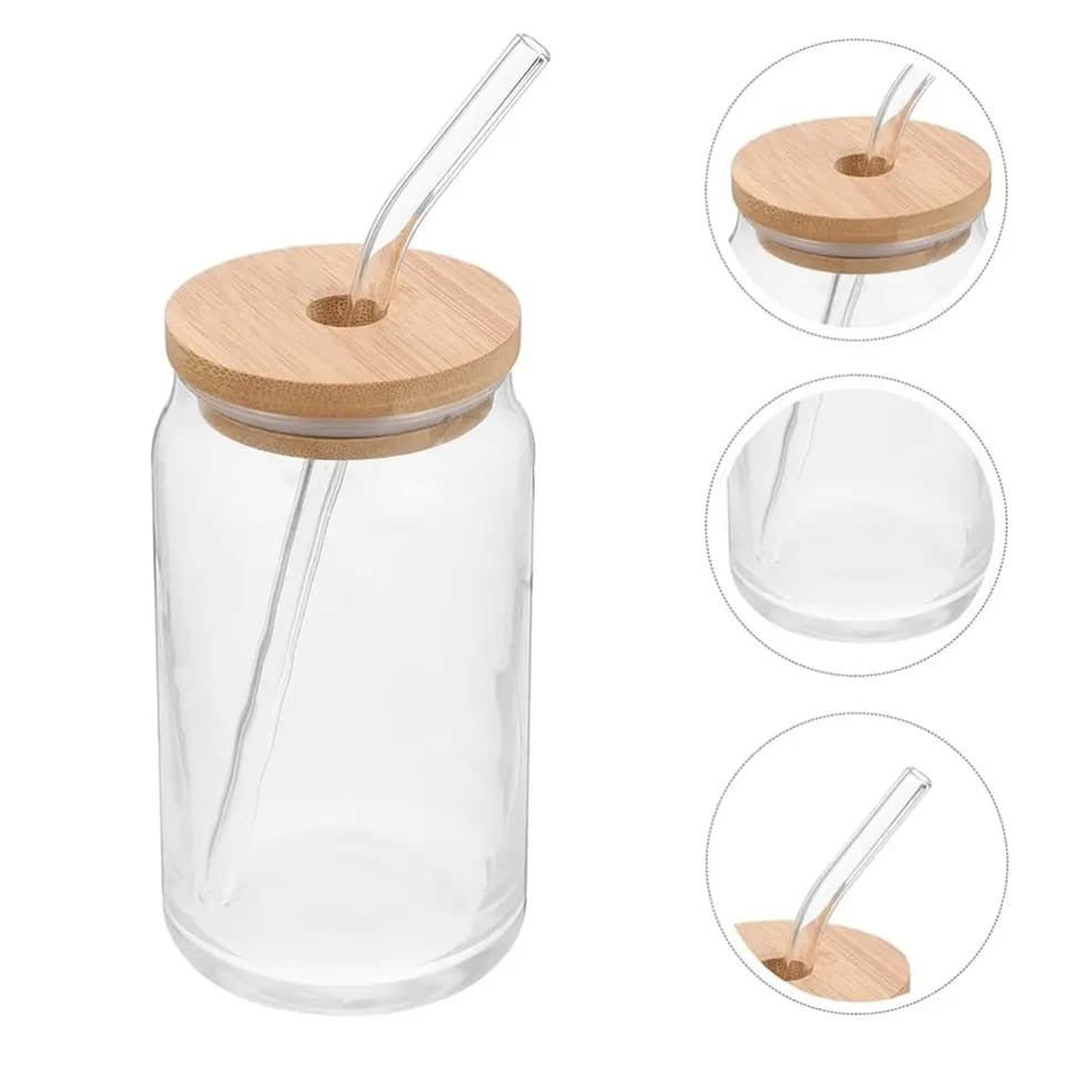 Round Glass Cup with Glass Straw & Wooden Lid