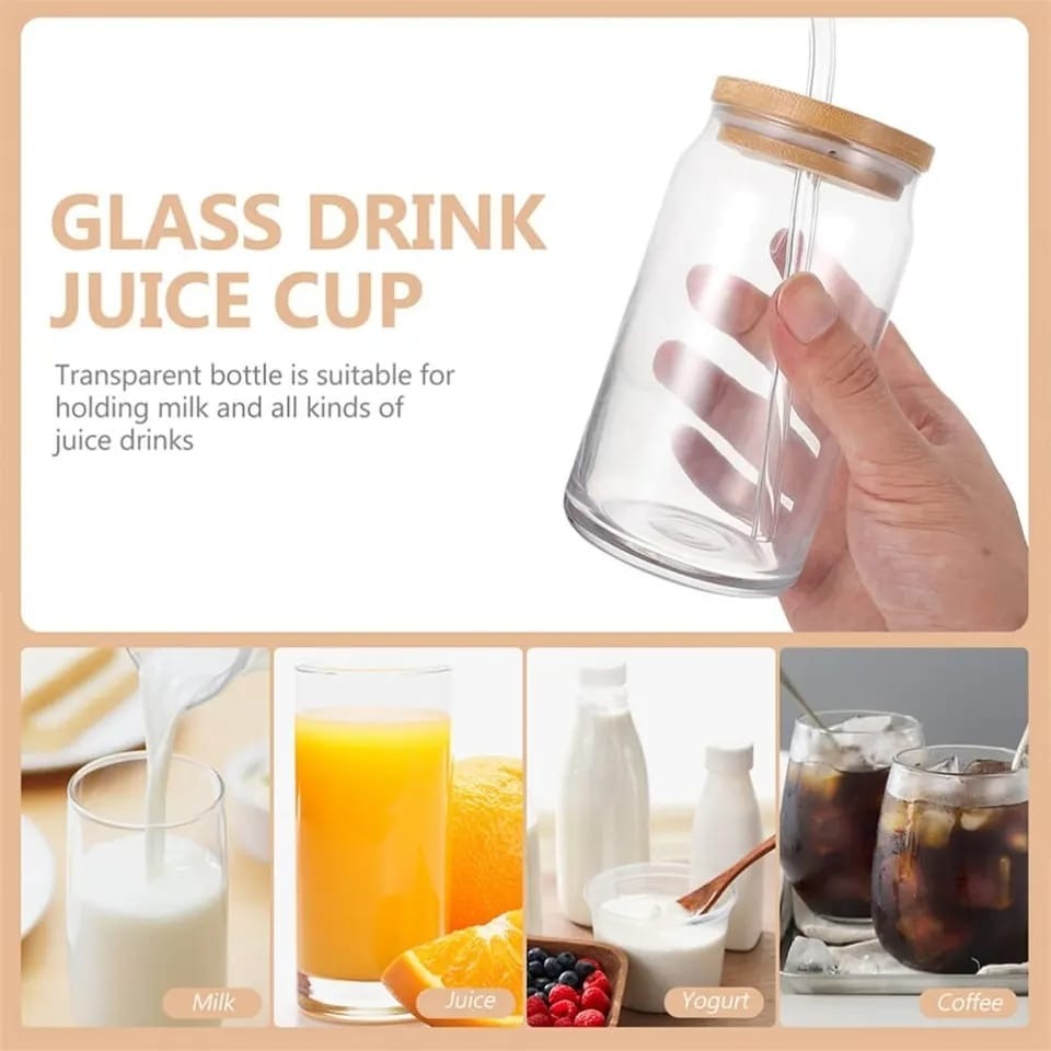 Round Glass Cup with Glass Straw & Wooden Lid